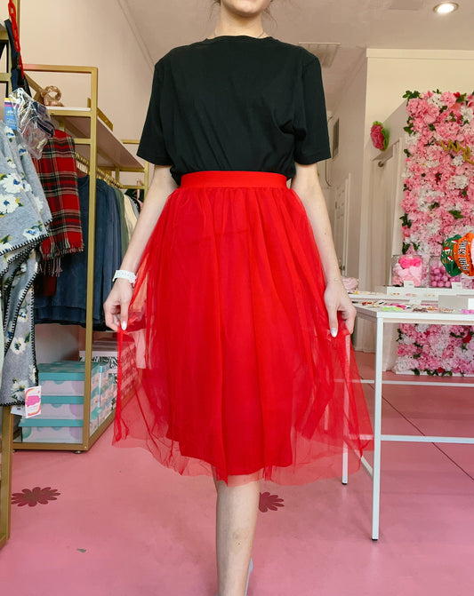 Red Tulle Midi Skirt
